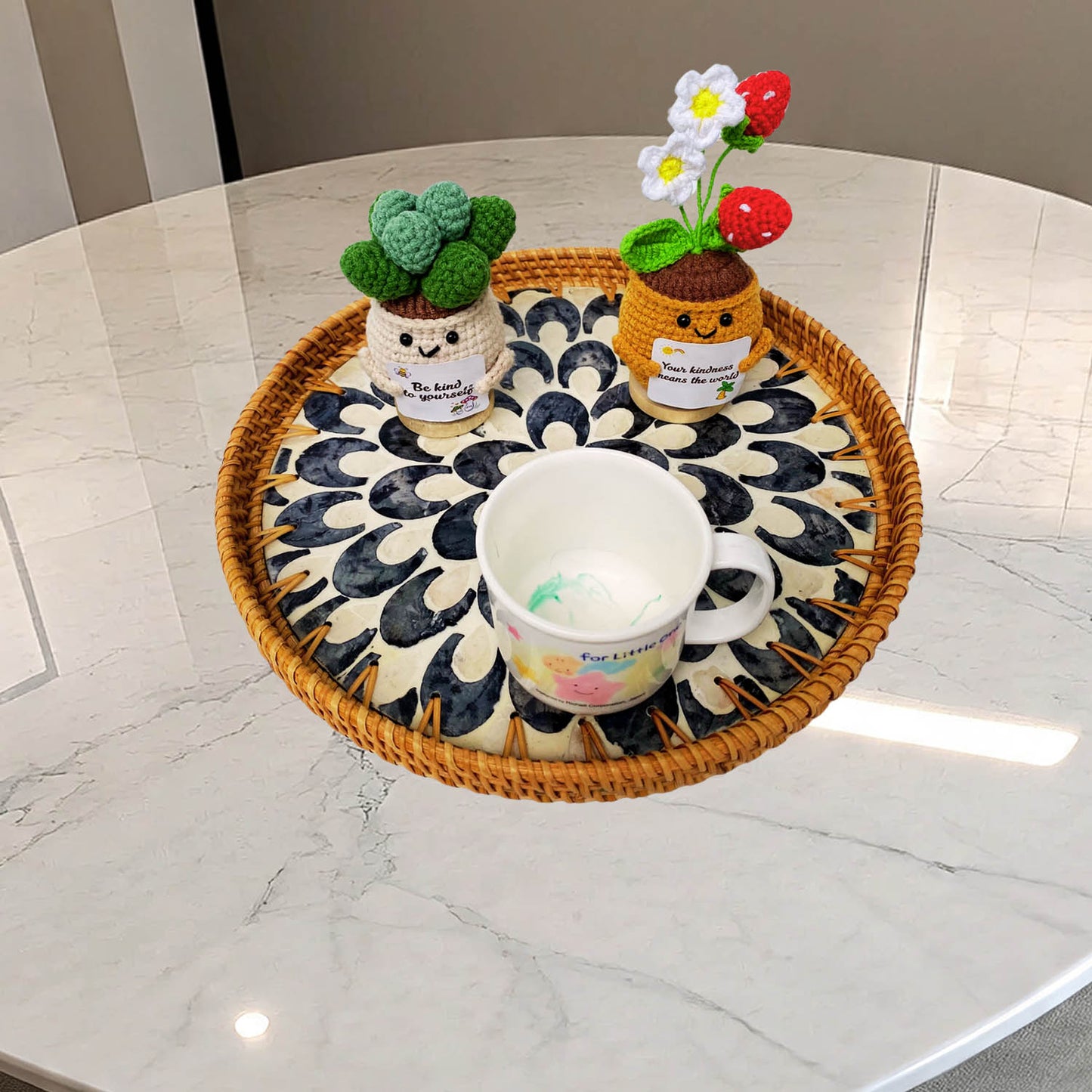 11.8' Wicker Round Rattan Mother of Pearl Serving Basket Tray for Décor Coffee Table (Black Moon)