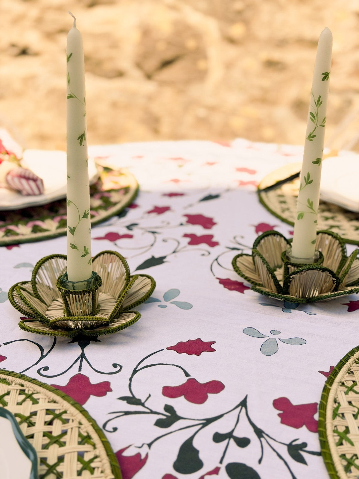 Flora Handwoven Candle Holder in Green