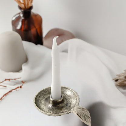 Vibhsa Taper Candlestick Holder Dish | Silver Finish, Leaf Handle, Handcrafted Aluminum