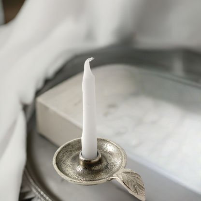 Vibhsa Taper Candlestick Holder Dish | Silver Finish, Leaf Handle, Handcrafted Aluminum