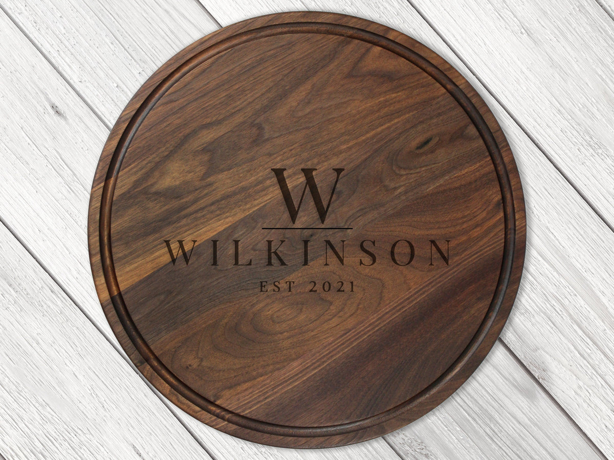 18" Walnut Personalized Round Board with Juice Groove, 18” Round Personalized Charcuterie Board, Wedding Gift, Gift For the Couple, USA Made