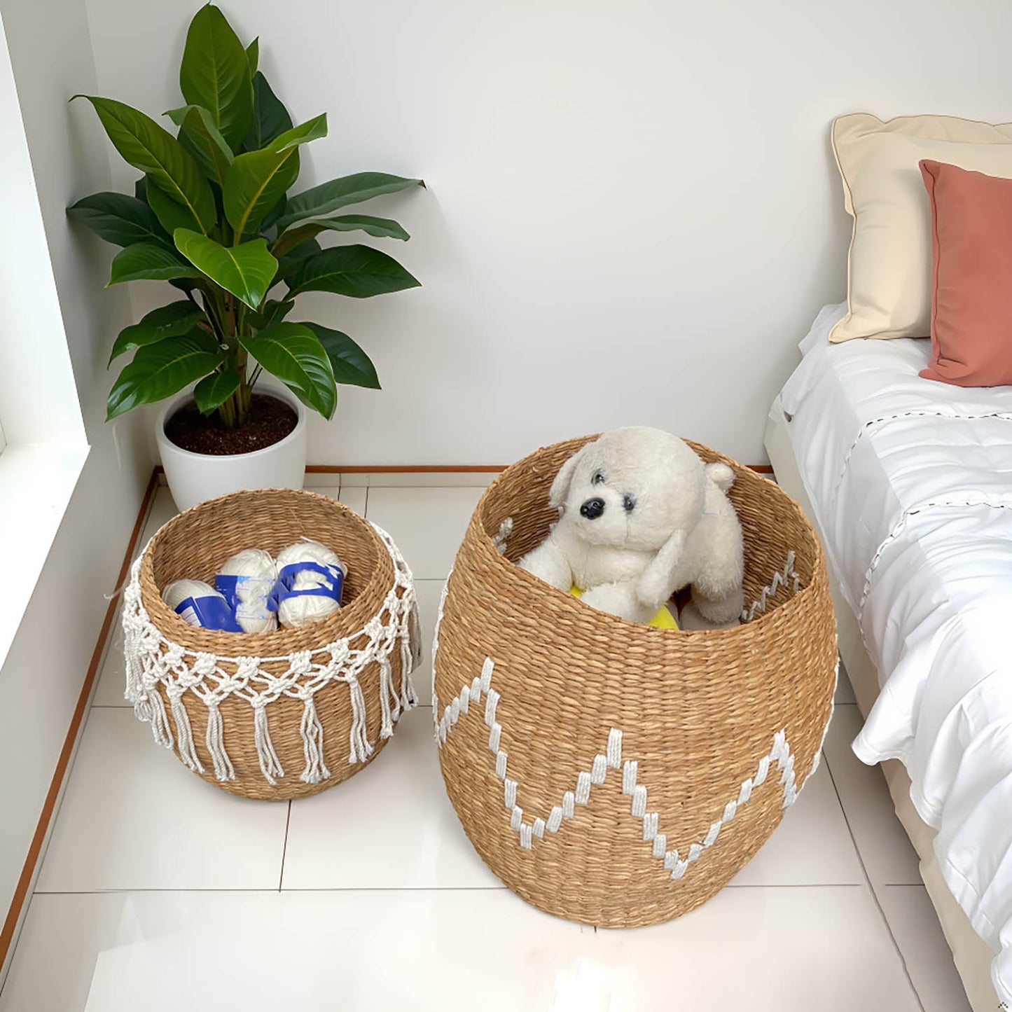 Baskets Large Handwoven Storage Basket with Decorative Pattern (Set of 2 Seagrass Macrame)