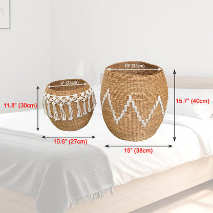 Baskets Large Handwoven Storage Basket with Decorative Pattern (Set of 2 Seagrass Macrame)