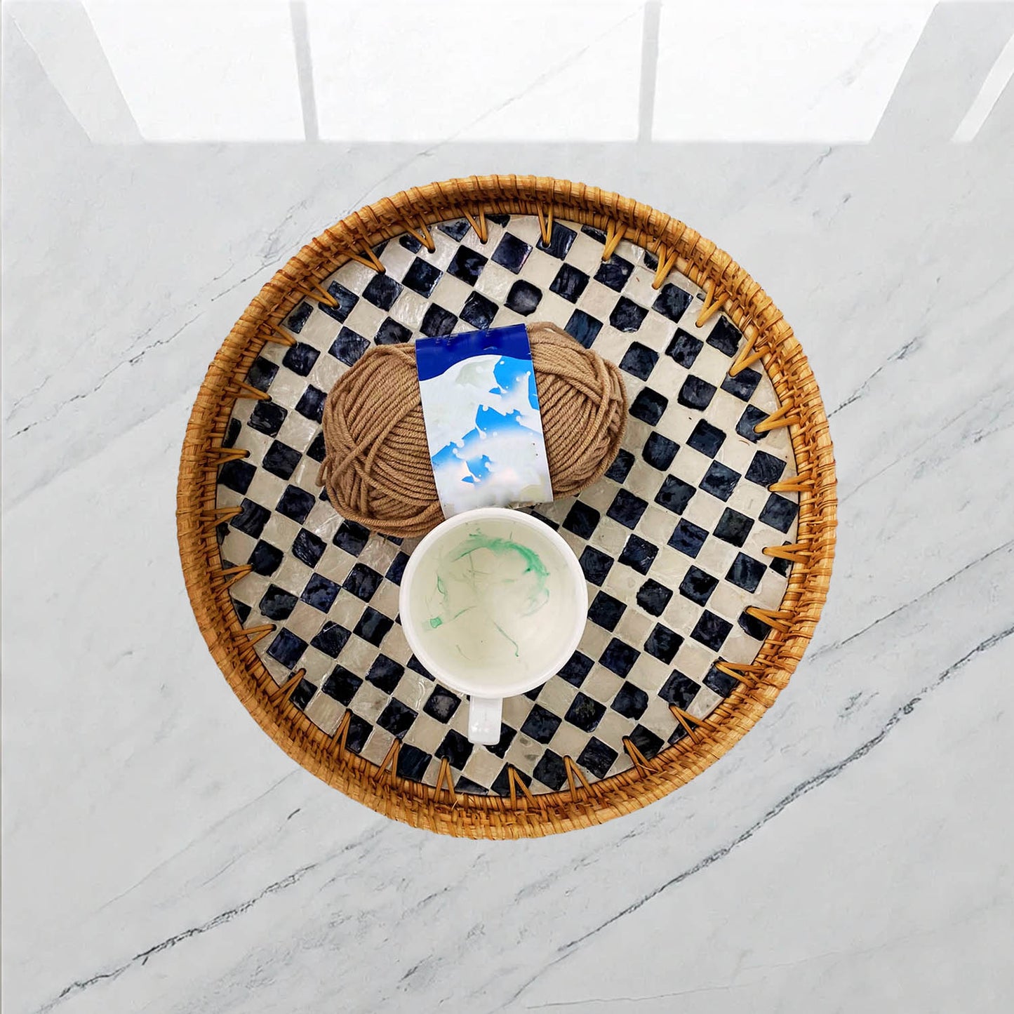 11.8' Wicker Round Rattan Mother of Pearl Serving Basket Tray for Décor Coffee Table (Caro)