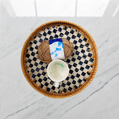 11.8' Wicker Round Rattan Mother of Pearl Serving Basket Tray for Décor Coffee Table (Caro)