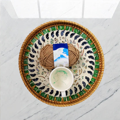 11.8' Wicker Round Rattan Mother of Pearl Serving Basket Tray for Décor Coffee Table (Black Daisy)