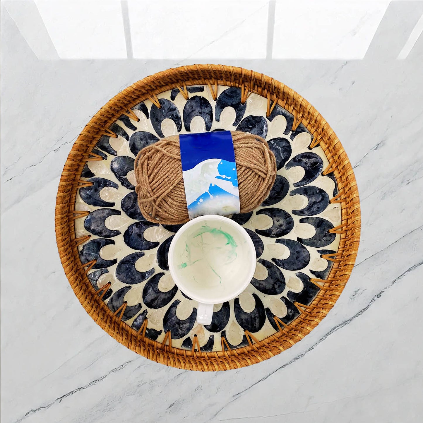 11.8' Wicker Round Rattan Mother of Pearl Serving Basket Tray for Décor Coffee Table (Black Moon)