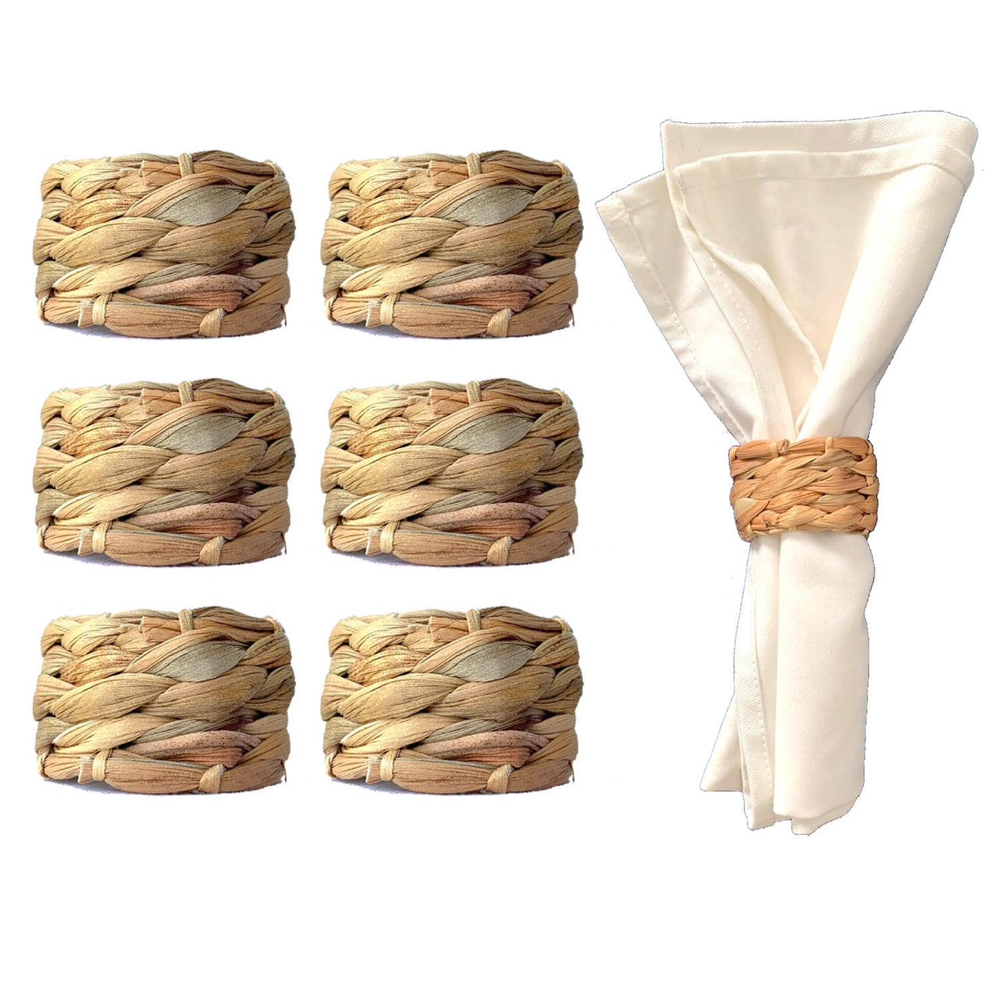 Set 6 Woven Water Hyacinth Napkin Rings | Rustic Boho Wicker Napkin Holders | Natural Farmhouse Rattan Napkin Ring for Christmas, Thanksgiving Dining Table, Wedding Party