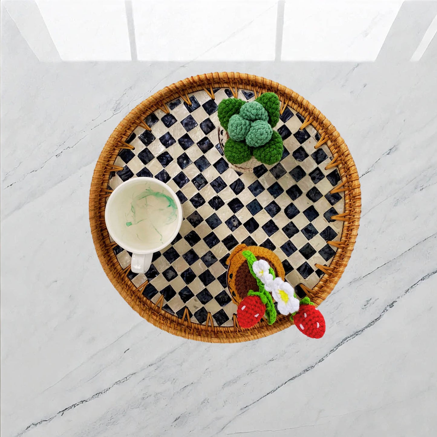 11.8' Wicker Round Rattan Mother of Pearl Serving Basket Tray for Décor Coffee Table (Caro)