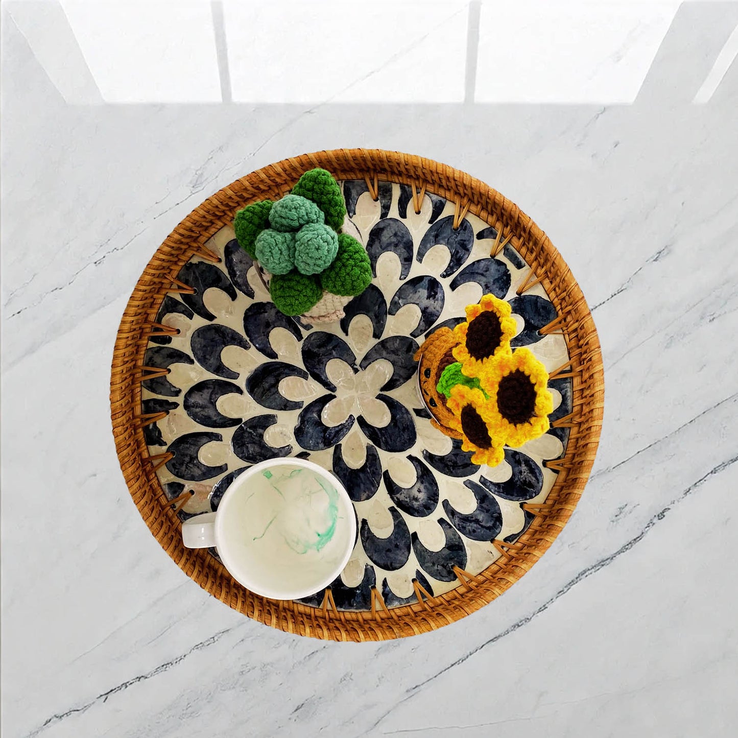 11.8' Wicker Round Rattan Mother of Pearl Serving Basket Tray for Décor Coffee Table (Black Moon)