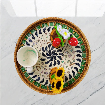 11.8' Wicker Round Rattan Mother of Pearl Serving Basket Tray for Décor Coffee Table (Black Daisy)