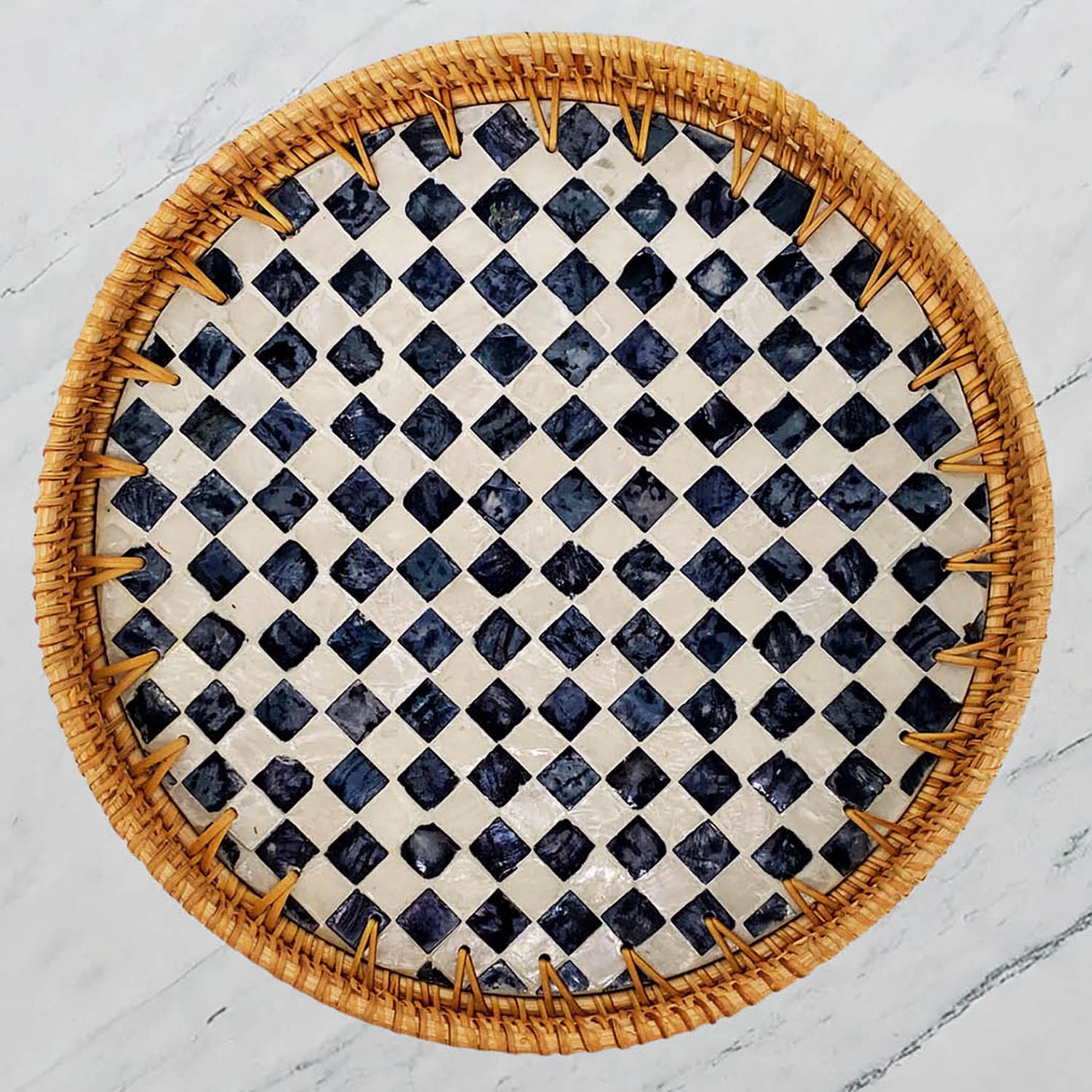 11.8' Wicker Round Rattan Mother of Pearl Serving Basket Tray for Décor Coffee Table (Caro)