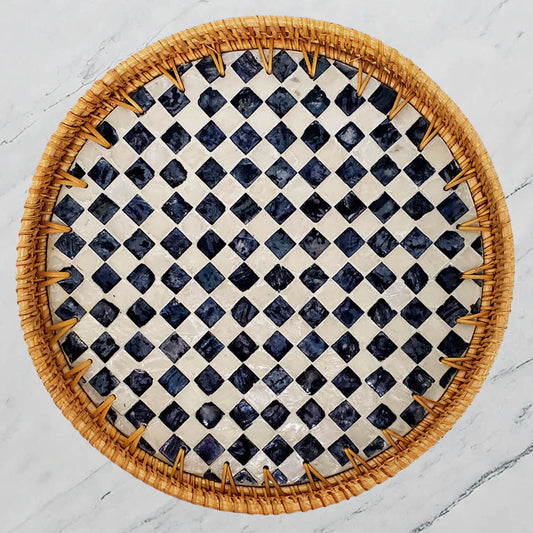 11.8' Wicker Round Rattan Mother of Pearl Serving Basket Tray for Décor Coffee Table (Caro)