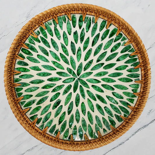11.8' Wicker Round Rattan Mother of Pearl Serving Basket Tray for Décor Coffee Table (Green Leaf)
