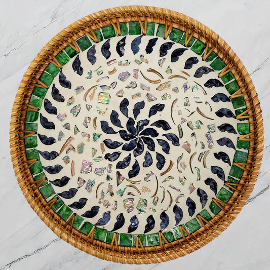 11.8' Wicker Round Rattan Mother of Pearl Serving Basket Tray for Décor Coffee Table (Black Daisy)