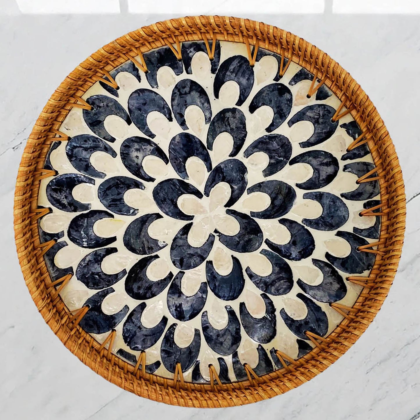 11.8' Wicker Round Rattan Mother of Pearl Serving Basket Tray for Décor Coffee Table (Black Moon)