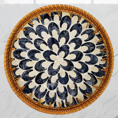 11.8' Wicker Round Rattan Mother of Pearl Serving Basket Tray for Décor Coffee Table (Black Moon)