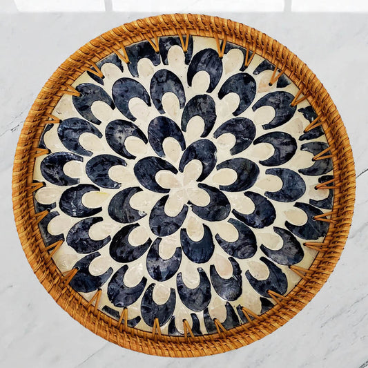11.8' Wicker Round Rattan Mother of Pearl Serving Basket Tray for Décor Coffee Table (Black Moon)