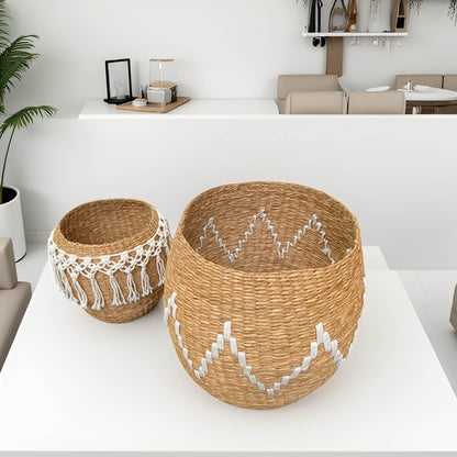 Baskets Large Handwoven Storage Basket with Decorative Pattern (Set of 2 Seagrass Macrame)
