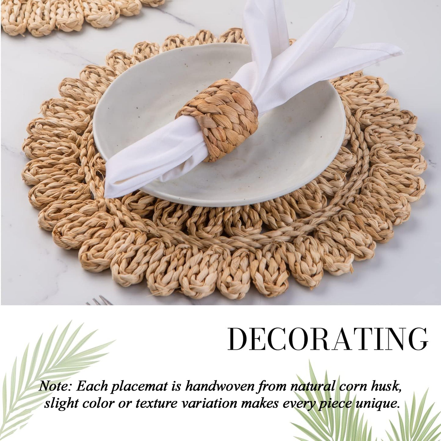 13.8" Round Corn Husk Placemats Set of 4 | Boho Rattan Woven Table Mats | Farmhouse Spring Plate Chargers Like Water Hyacinth, Seagrass for Wedding, Party, Christmas, Events