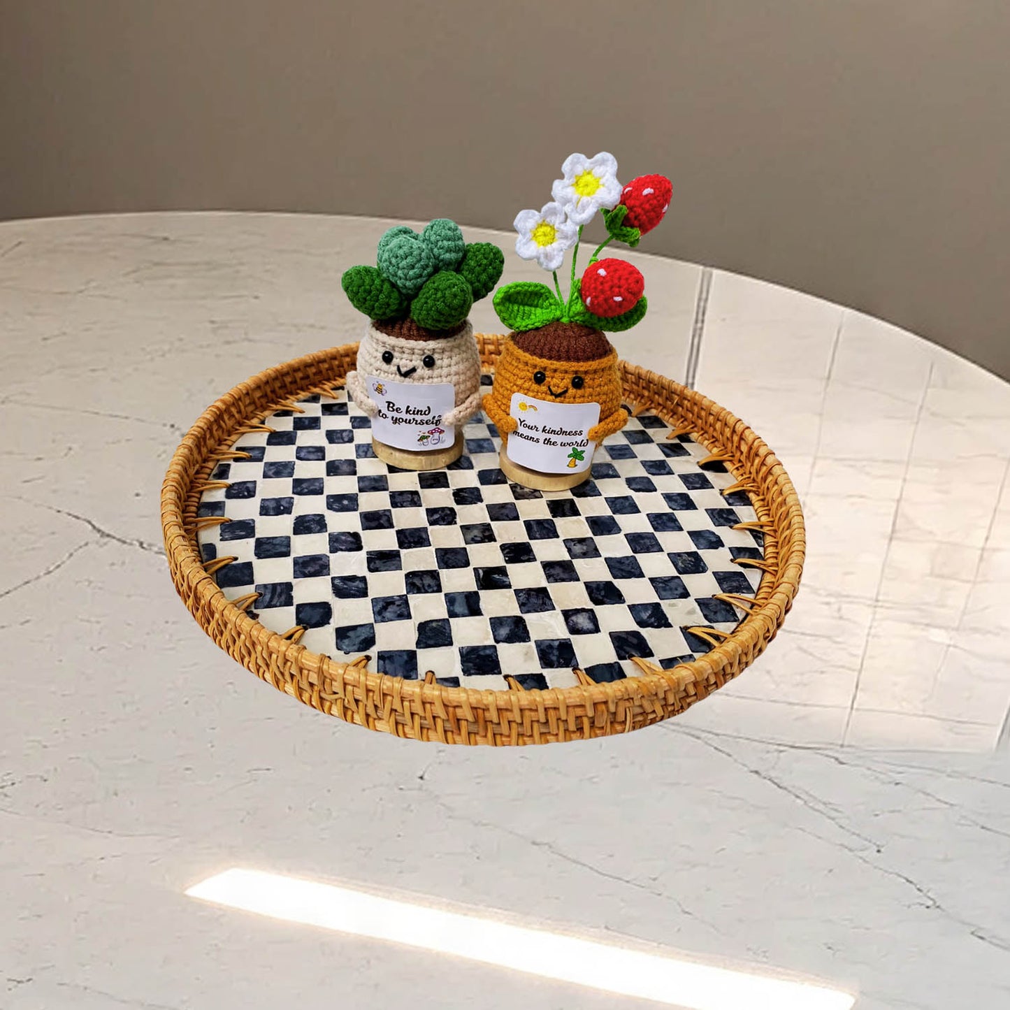 11.8' Wicker Round Rattan Mother of Pearl Serving Basket Tray for Décor Coffee Table (Caro)