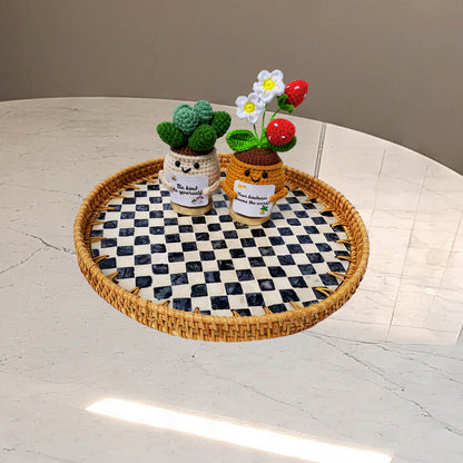 11.8' Wicker Round Rattan Mother of Pearl Serving Basket Tray for Décor Coffee Table (Caro)