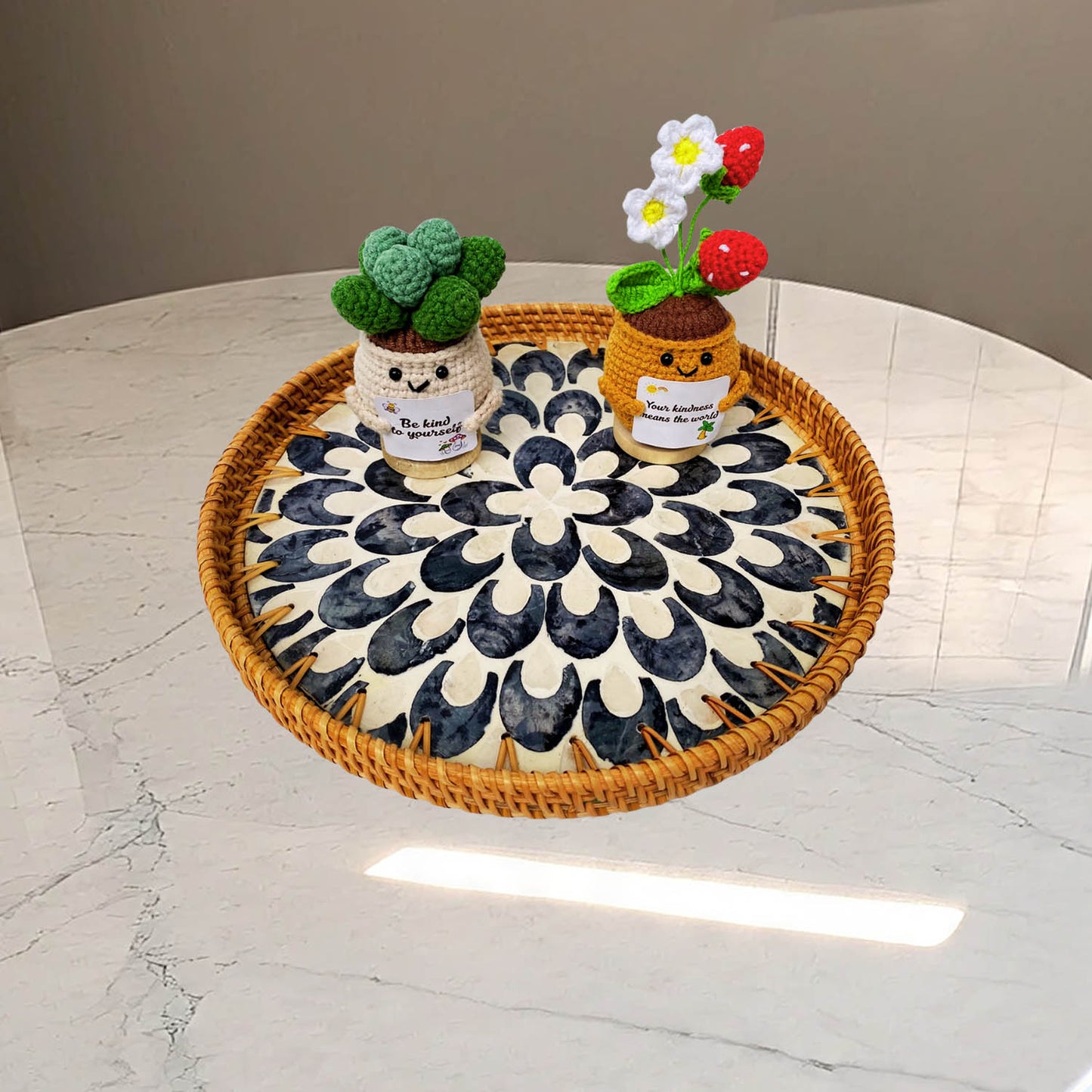 11.8' Wicker Round Rattan Mother of Pearl Serving Basket Tray for Décor Coffee Table (Black Moon)