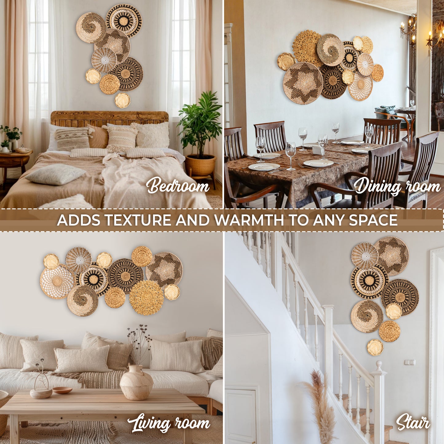 Laquedecraft Set 12 Boho Wicker Rattan Plate Basket Set For Décor Hanging Wall | Large Woven Farmhouse Rustic Bohemian Art Baket Hangings For Decorative Home, Bedroom, Living Room, Kitchen, Bathroom (Classic, 12)