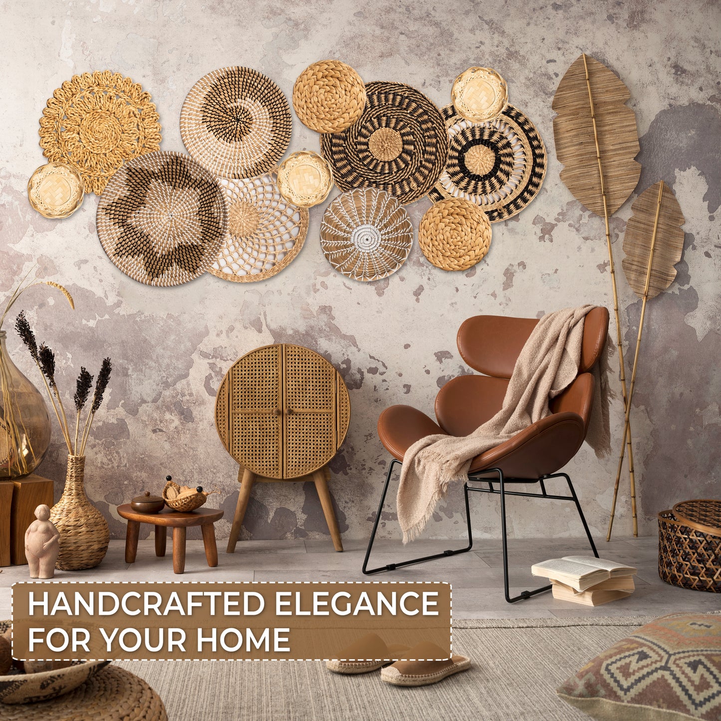 Laquedecraft Set 12 Boho Wicker Rattan Plate Basket Set For Décor Hanging Wall | Large Woven Farmhouse Rustic Bohemian Art Baket Hangings For Decorative Home, Bedroom, Living Room, Kitchen, Bathroom (Classic, 12)