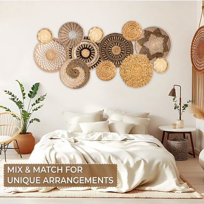 Boho Wicker Rattan Plate Basket Set For Décor Hanging Wall (Set 12)
