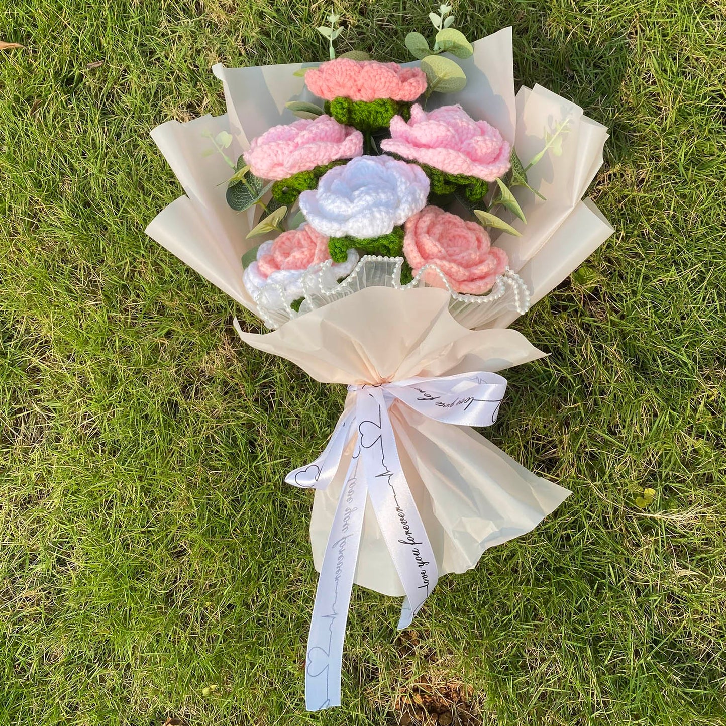 Completed Crochet Flowers Bouquet, Handmade Knitted Bouquet, Crochet Artificial Flowers for Mother's Day Birthday, Wedding Home Decor, Gifts for Mom (Rose)