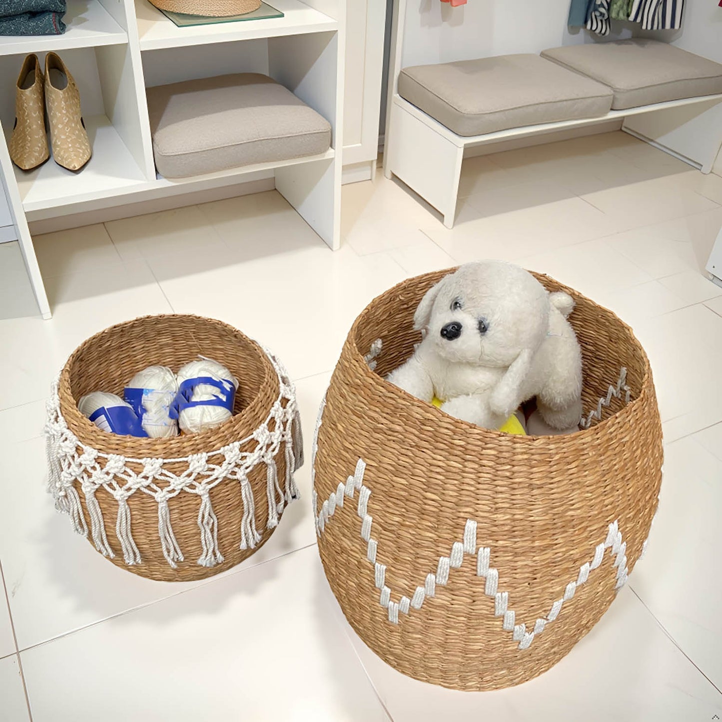 Baskets Large Handwoven Storage Basket with Decorative Pattern (Set of 2 Seagrass Macrame)