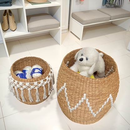 Baskets Large Handwoven Storage Basket with Decorative Pattern (Set of 2 Seagrass Macrame)