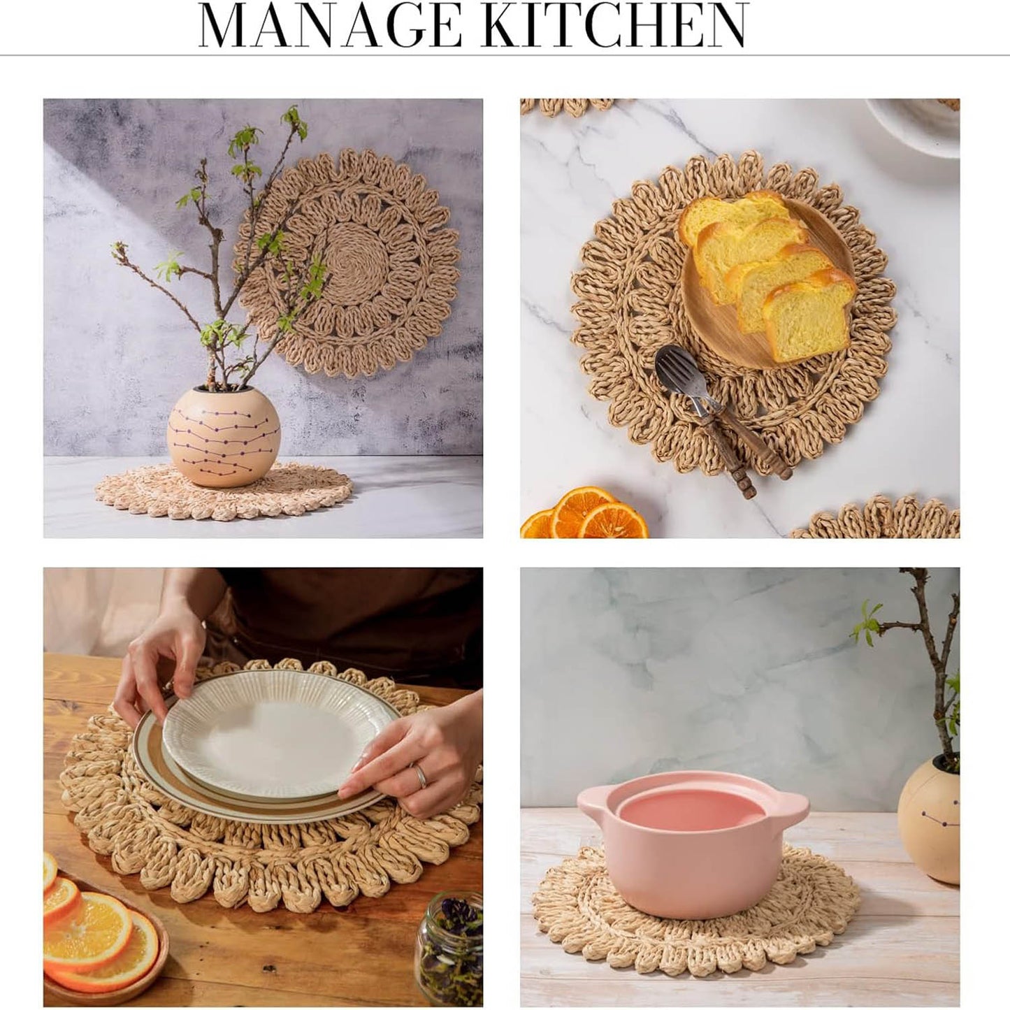 13.8" Round Corn Husk Placemats Set of 4 | Boho Rattan Woven Table Mats | Farmhouse Spring Plate Chargers Like Water Hyacinth, Seagrass for Wedding, Party, Christmas, Events