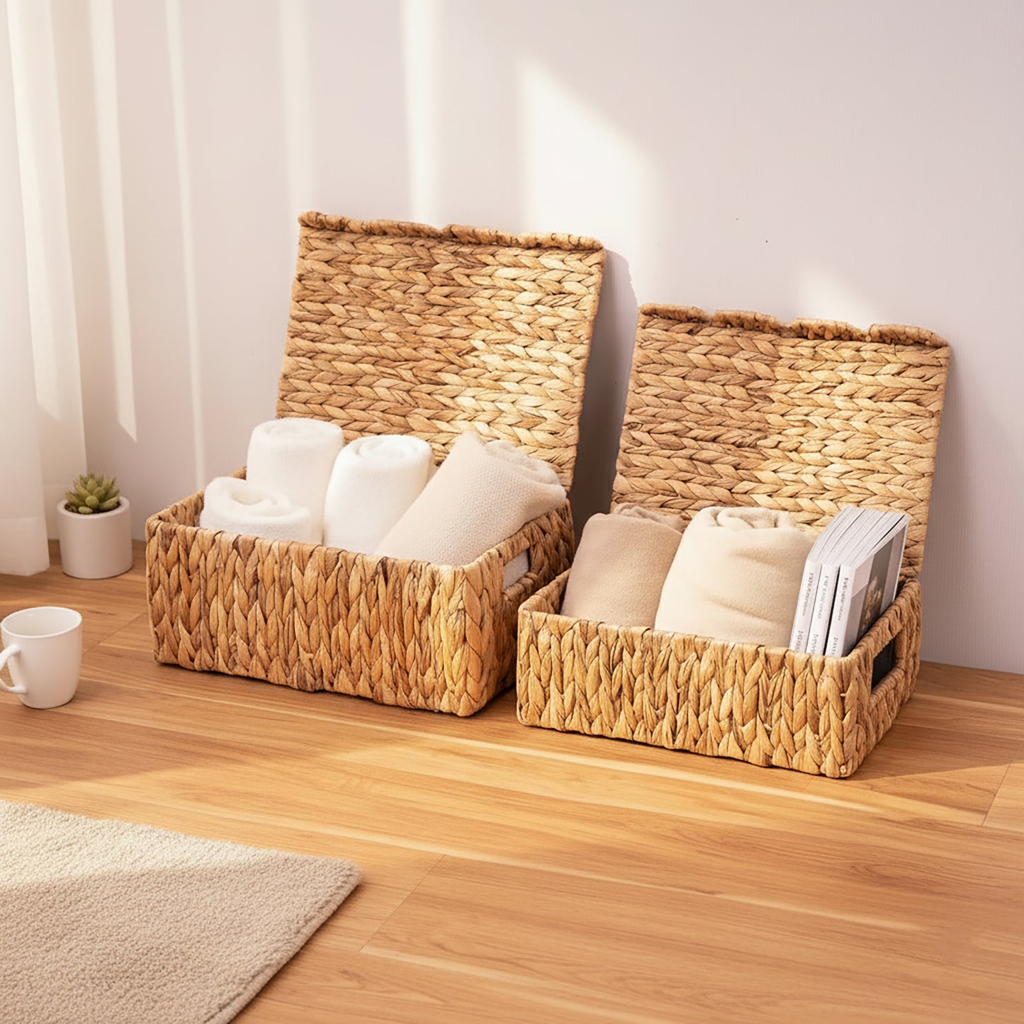 LAQUEDECRAFT Wicker Storage Basket with Lid (Set of 2)
