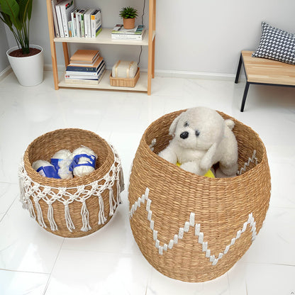 Baskets Large Handwoven Storage Basket with Decorative Pattern (Set of 2 Seagrass Macrame)