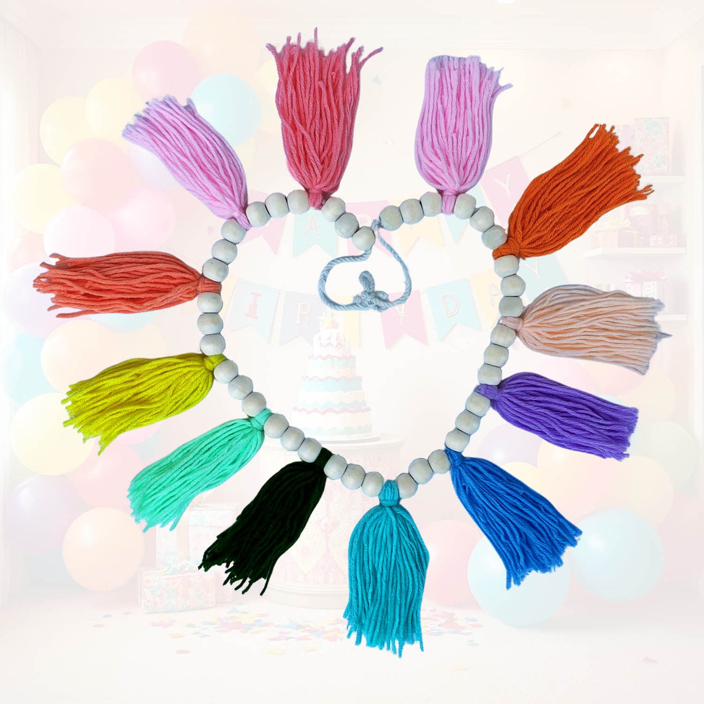 Boho Hanmade Wood Beads Garland with Tassels + 2 Hooks (Rainbow)