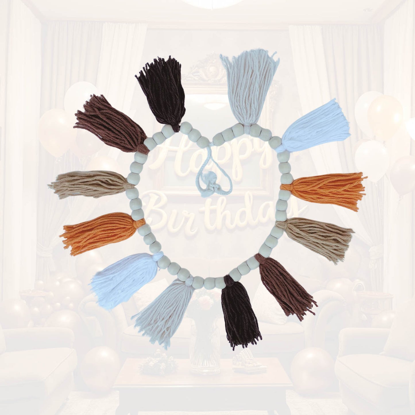 Boho Hanmade Wood Beads Garland with Tassels + 2 Hooks (Brown)