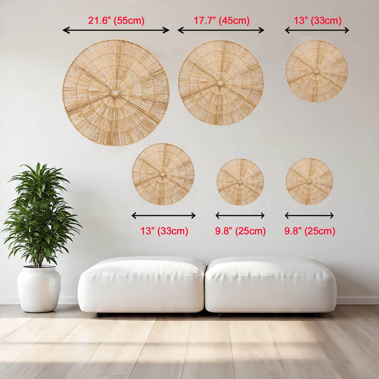 Laquedecraft Boho Wicker Rattan Plate Basket Set For Décor Hanging Wall (Classic, Natural, Set of 6)