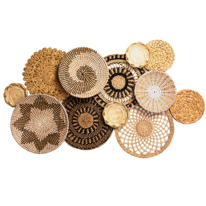 Boho Wicker Rattan Plate Basket Set For Décor Hanging Wall (Set 12)