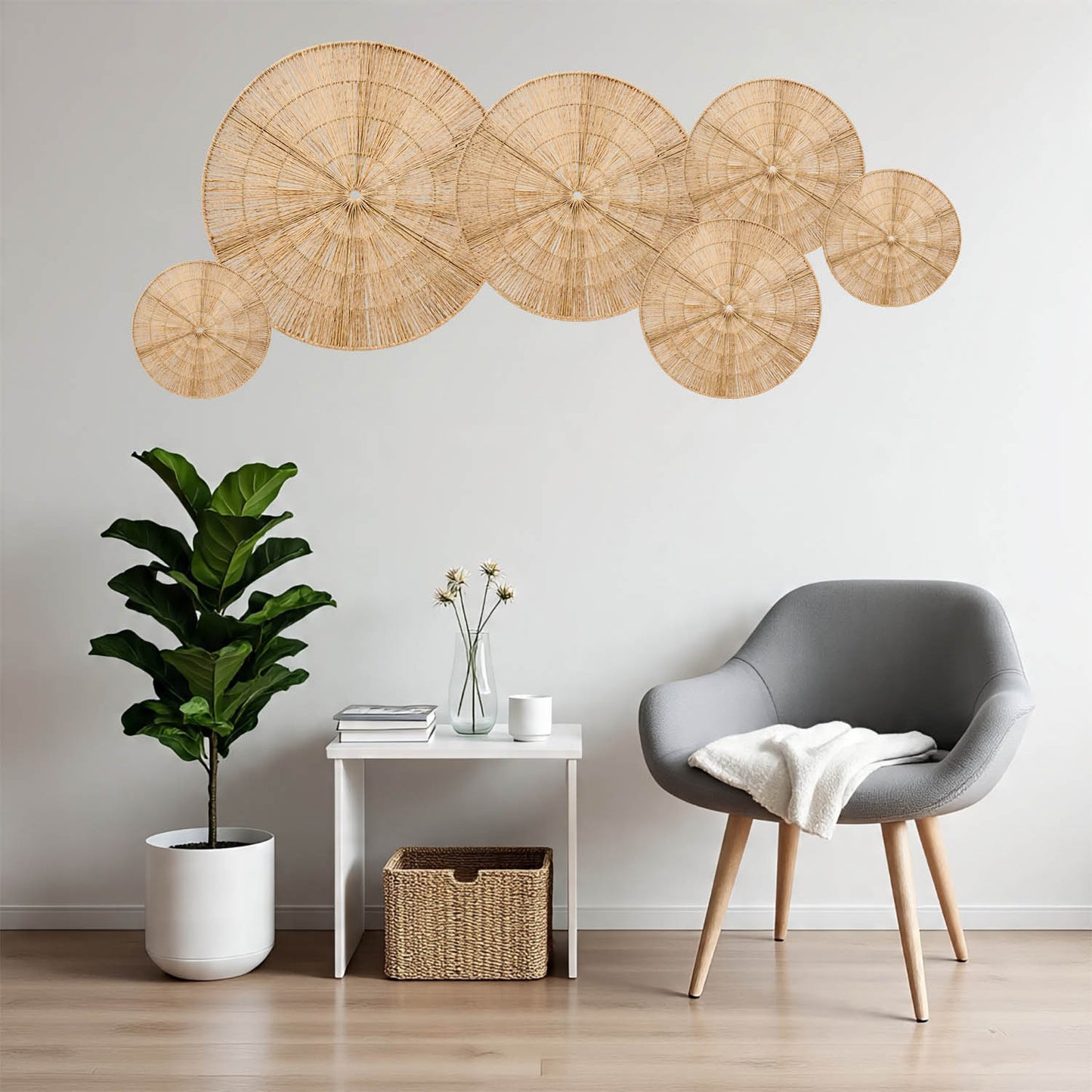 Laquedecraft Boho Wicker Rattan Plate Basket Set For Décor Hanging Wall (Classic, Natural, Set of 6)