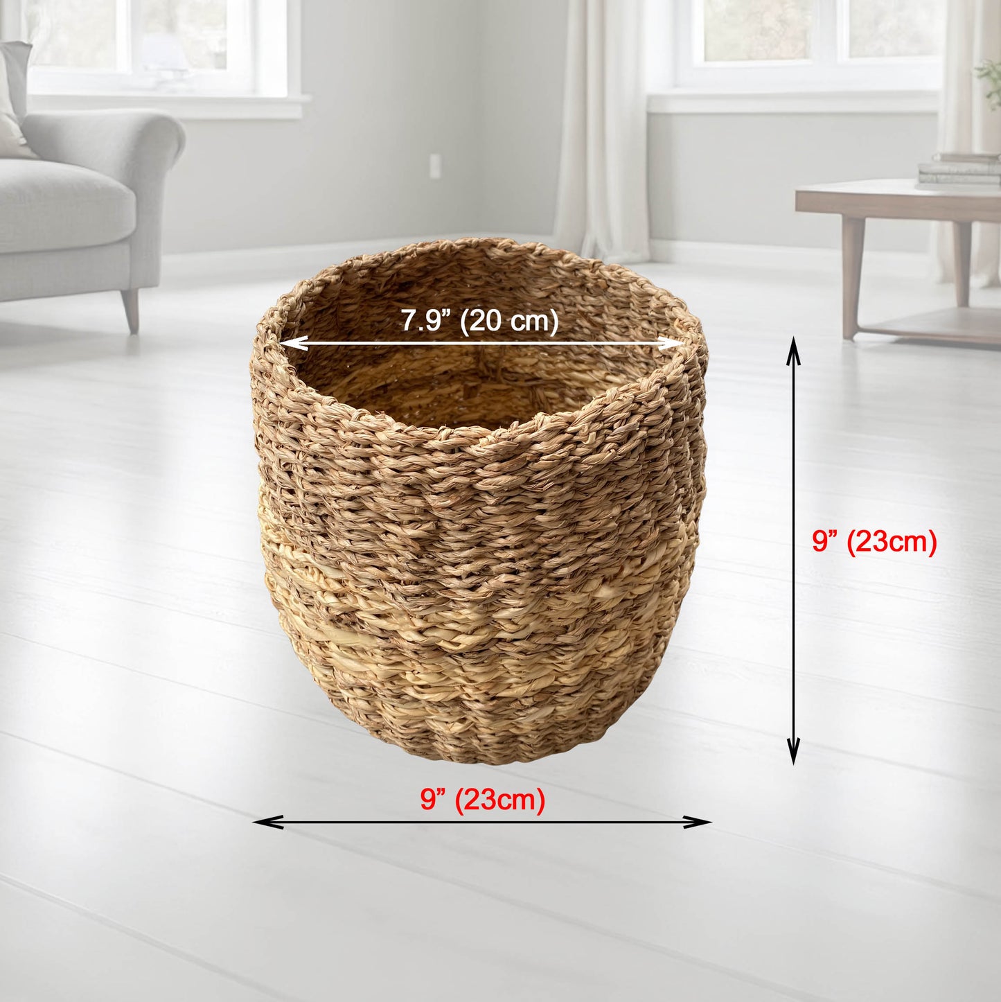 Small Seagrass Basket | Handwoven Natural Waste Bin for Garbage, Storage, or Holding Planters | Ideal for Bathroom, Bedroom, Office, or Under Desk Use (Seagrass)