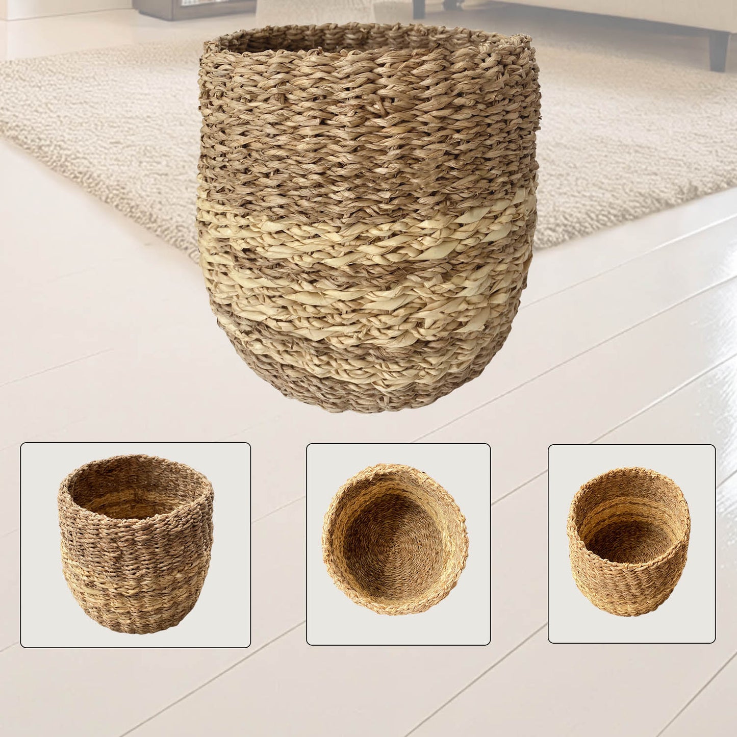 Small Seagrass Basket | Handwoven Natural Waste Bin for Garbage, Storage, or Holding Planters | Ideal for Bathroom, Bedroom, Office, or Under Desk Use (Seagrass)
