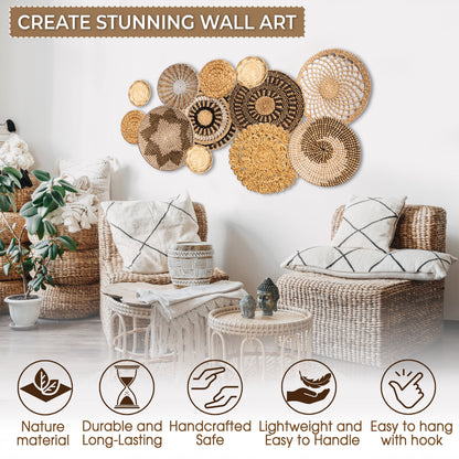 Boho Wicker Rattan Plate Basket Set For Décor Hanging Wall (Set 12)