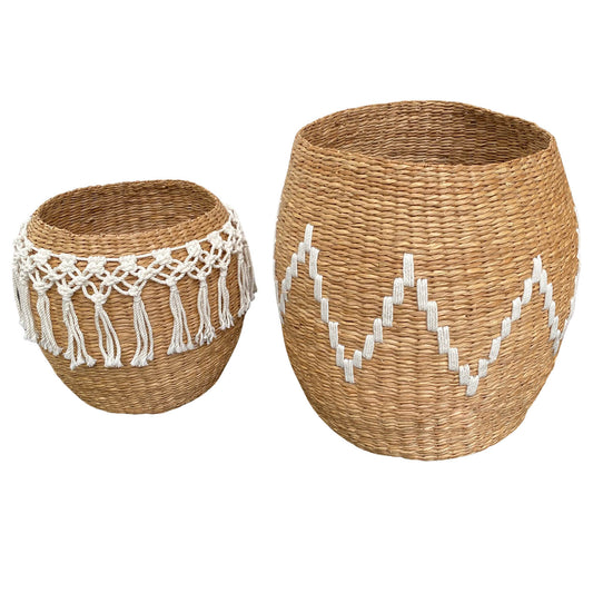 Baskets Large Handwoven Storage Basket with Decorative Pattern (Set of 2 Seagrass Macrame)